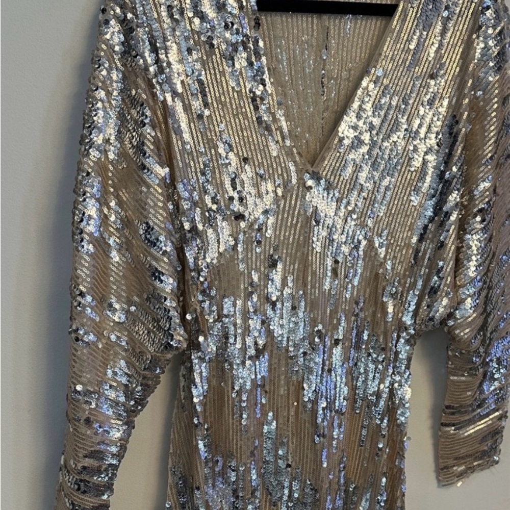 Zara Champagne Sequin Long Sleeve V-Neck Dress - Picture 3 of 5